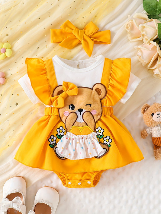 Adorable summer romper for baby girls with bow and bear embroidery, ideal for newborns and outdoor wear