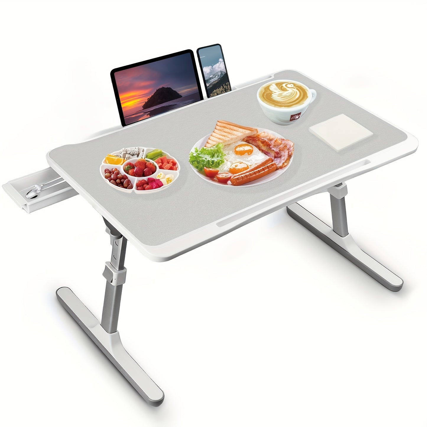 Adjustable folding bed tray with drawers, ideal for laptop use or eating in bed. Can also be used as a portable table for reading or writing. Available in silvery grey.