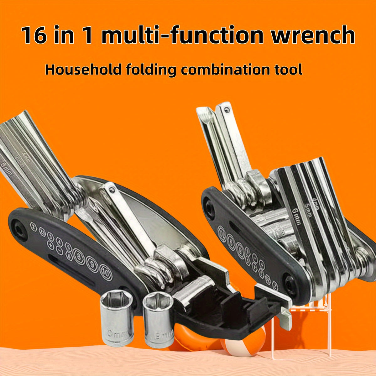 Compact 16-in-1 stainless steel multitool with hex keys, screwdriver set, and combination wrenches.