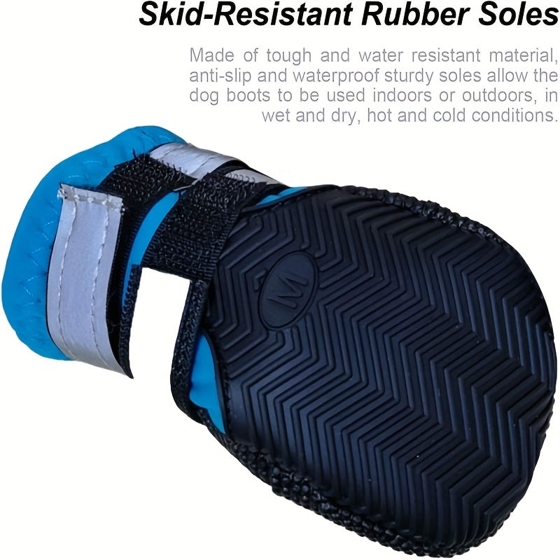 4 waterproof dog boots with reflective straps keep your dog's paws safe and dry.