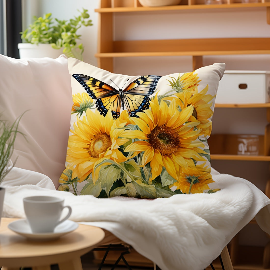 One piece of Sunflower Butterfly Design throw pillow cover made of Peach Skin Velvet material, measuring 45x45cm. Perfect for decorating your car, living room sofa, bedroom, or bedside backrest. Features a single side print design. Pillow inner not