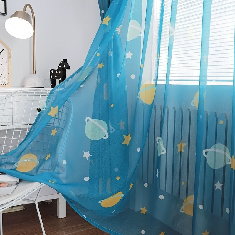 Blue cartoon kids curtain with star and planet print, ideal for boys' room decor. Grommet top design adds a dreamy touch to the window.