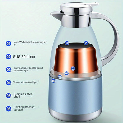 Stylish 1.8L Blue Stainless Steel Vacuum Insulated Kettle with Black Lid, Made of Durable 304 Stainless Steel, European Coffee Pot Design, Suitable for Hot and Cold Drinks, Keeps Beverages Hot for Longer, Great for Home Use