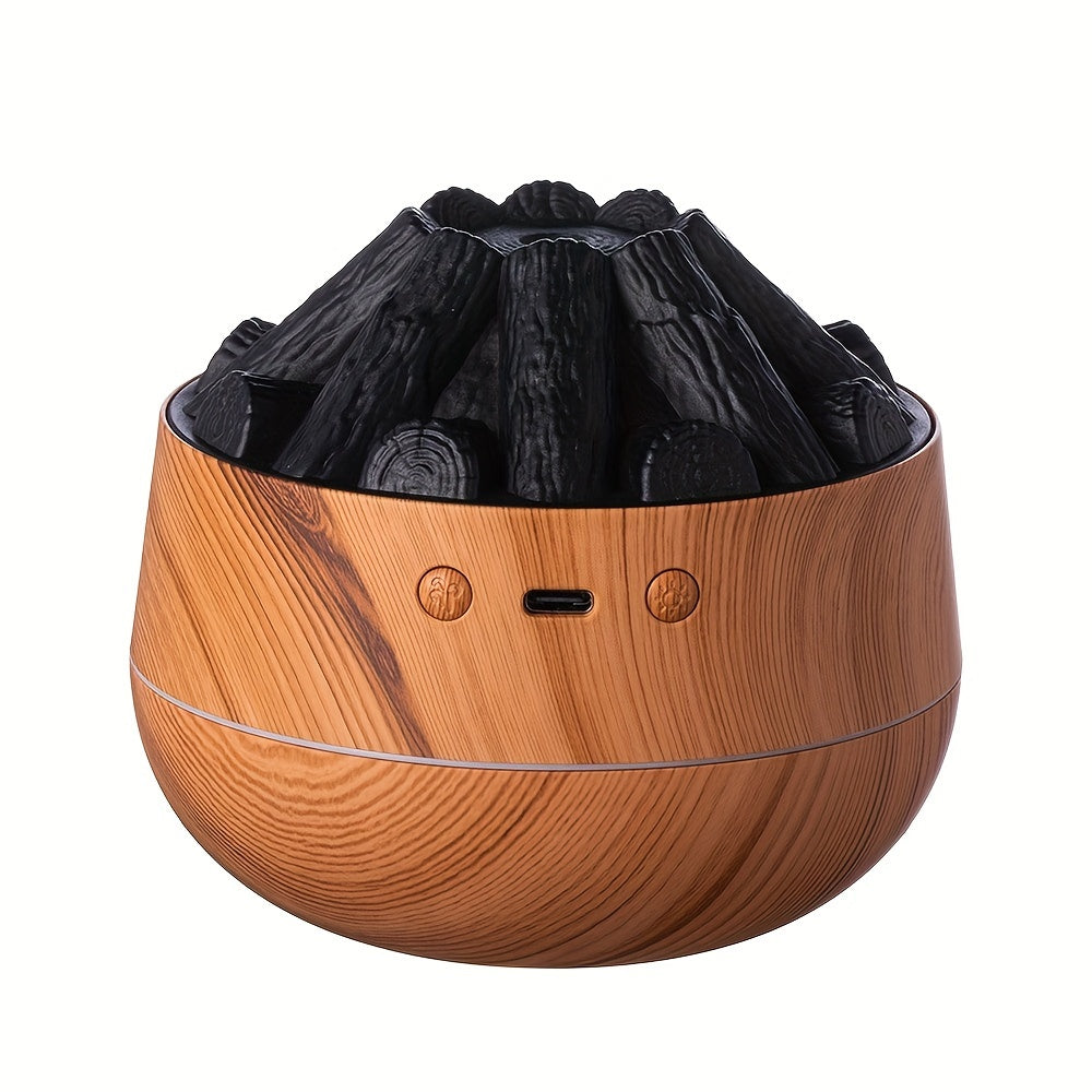 Mini wooden fireplace humidifier, USB powered, quiet operation, suitable for various rooms and spaces, cold mist, plastic material, 36V or less.