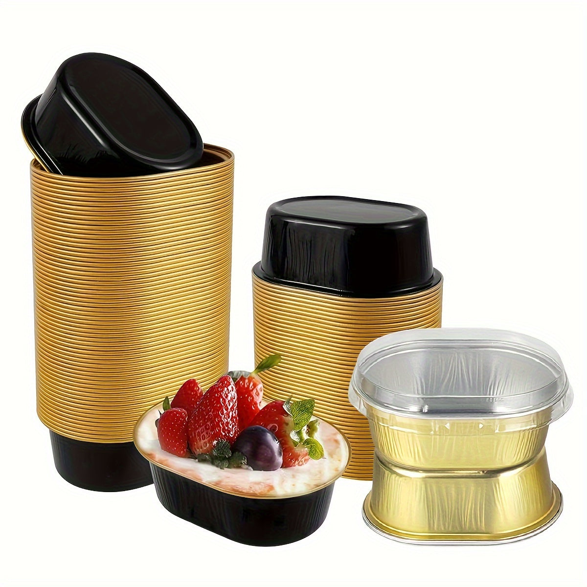 Durable Gold and Black Aluminum Foil Cake Pans with Transparent Covers - Ideal for Mini Cheesecakes, Cupcakes, and Sweets - Great for Holiday Celebrations - Lead-Free and Reusable