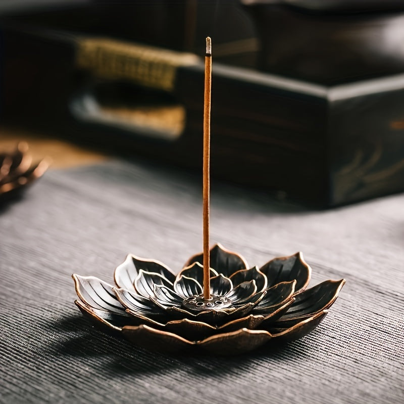 Brass lotus incense burner with ashtray, incense stick holder for European classic romance themed room decor.