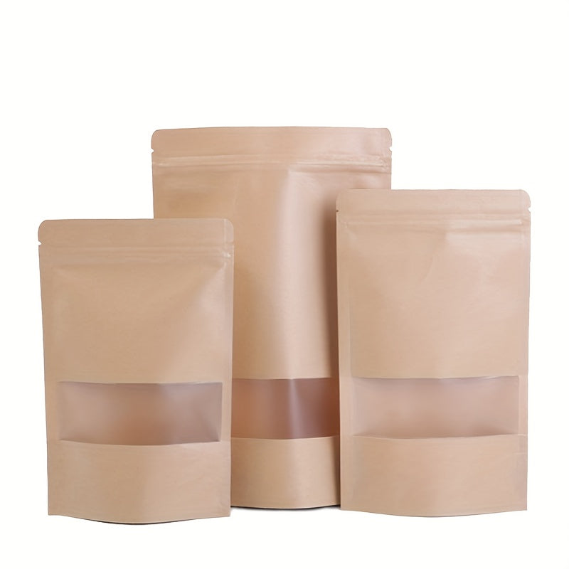 50/25 Waterproof Kraft Paper Stand Up Pouches with Window for Coffee, Resealable and Sealable for Home or Business Packaging.