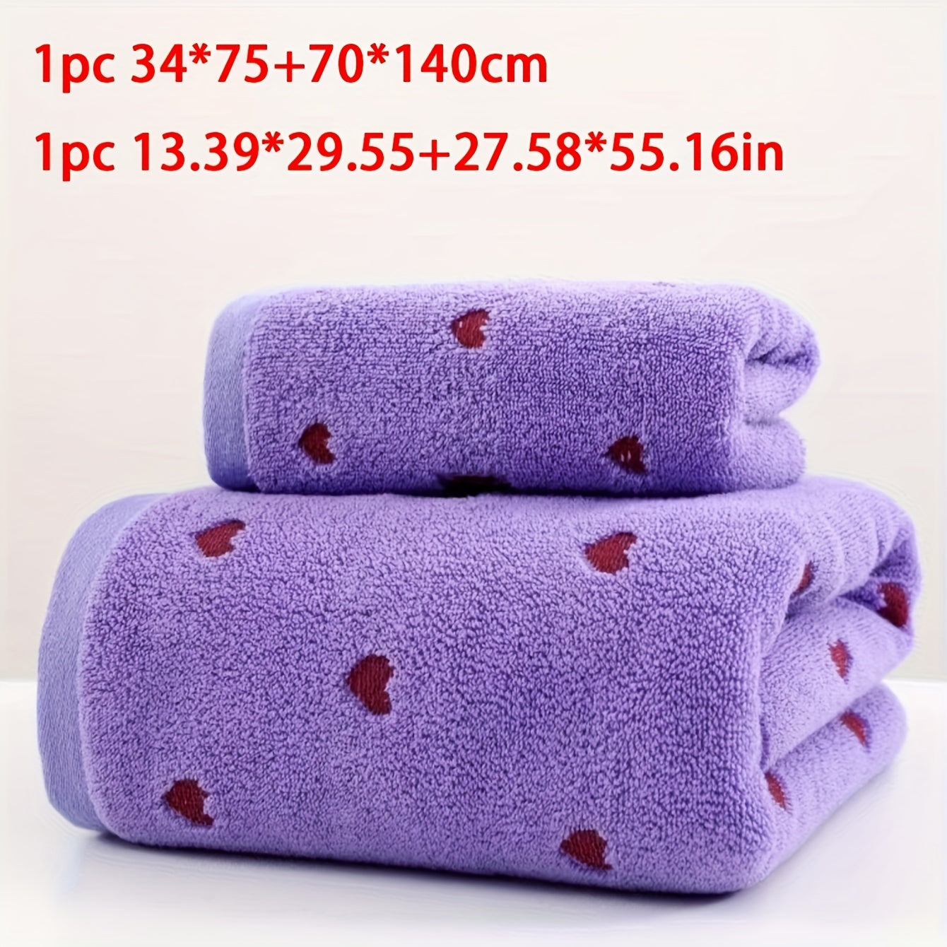 100% Cotton Towel Set with Heart Pattern, 2 pieces. Includes 1 hand towel (34x75cm) and 1 bath towel (70x140cm). Soft, absorbent, unscented. Great for couples, home use, and Valentine's Day