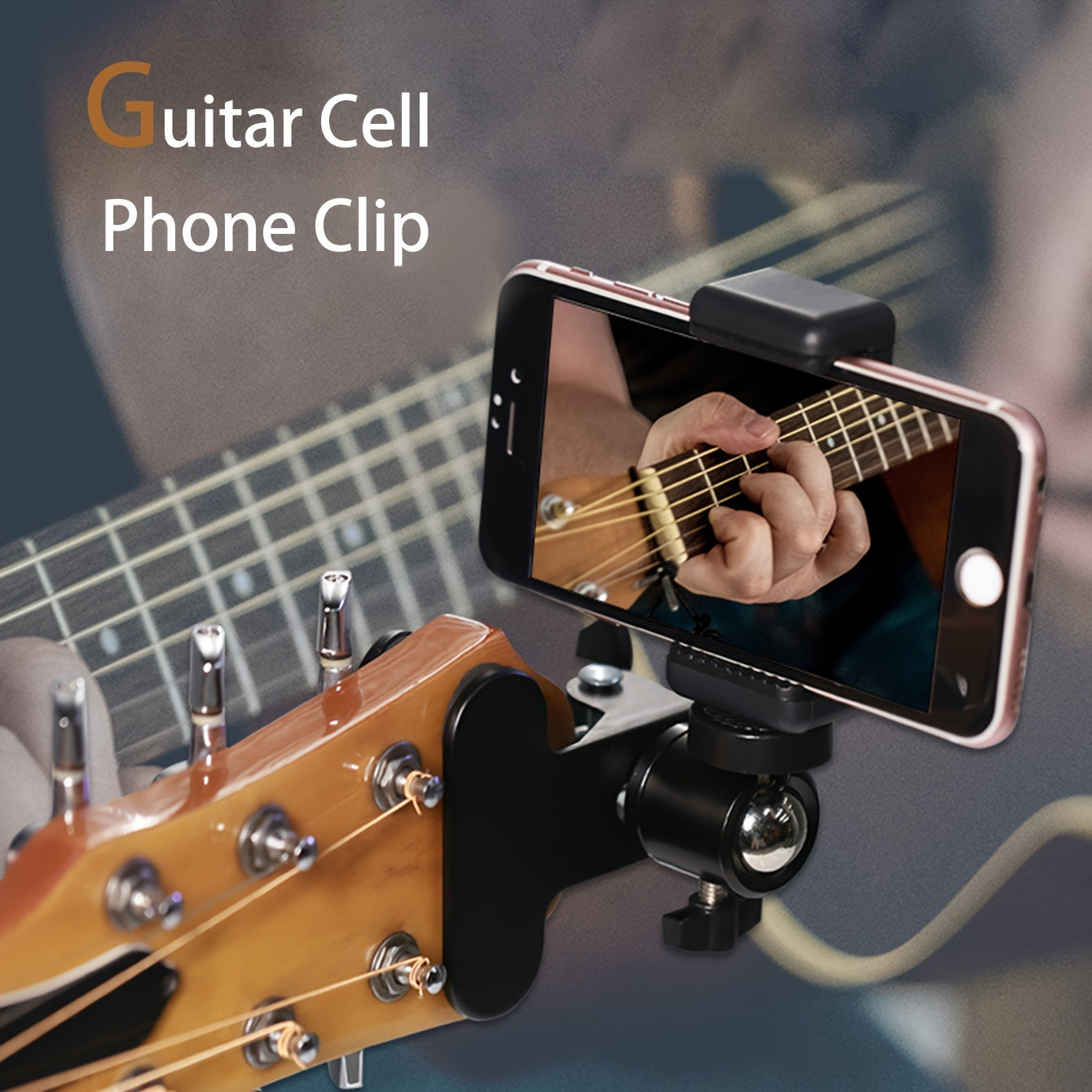 Black alloy cell phone clip for live streaming and recording musical instruments, doubles as a selfie holder.