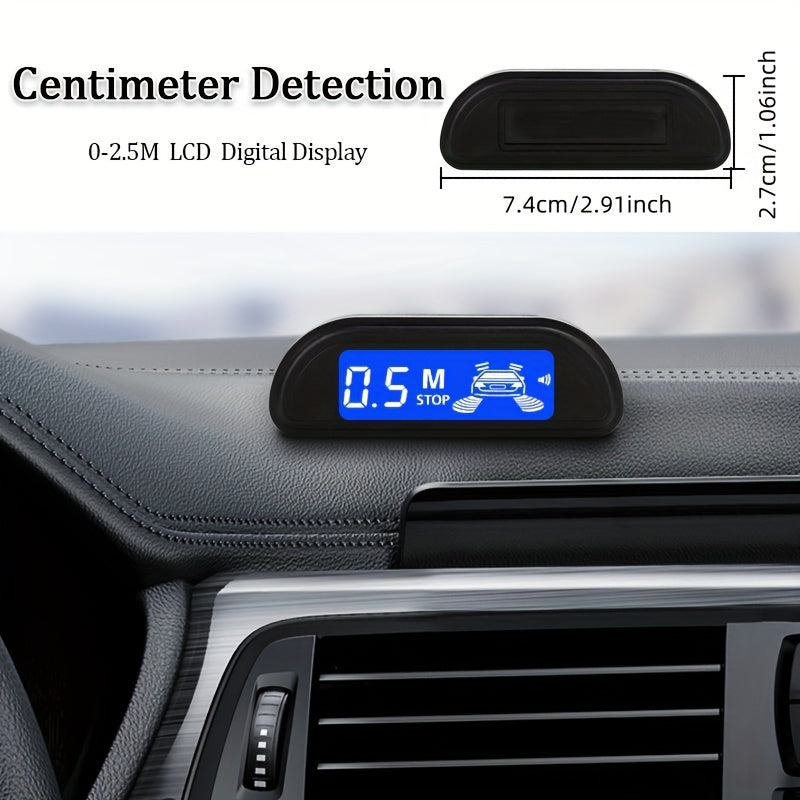 Car Reversing Radar with 4 parking sensors, LED display, sound indicator, 8 colors, and reverse parking assistance.