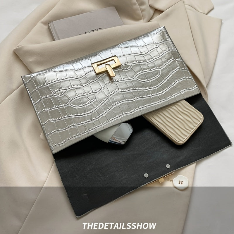 Stone textured clutch made of small synthetic leather, magnetic buckle closure, various colors.