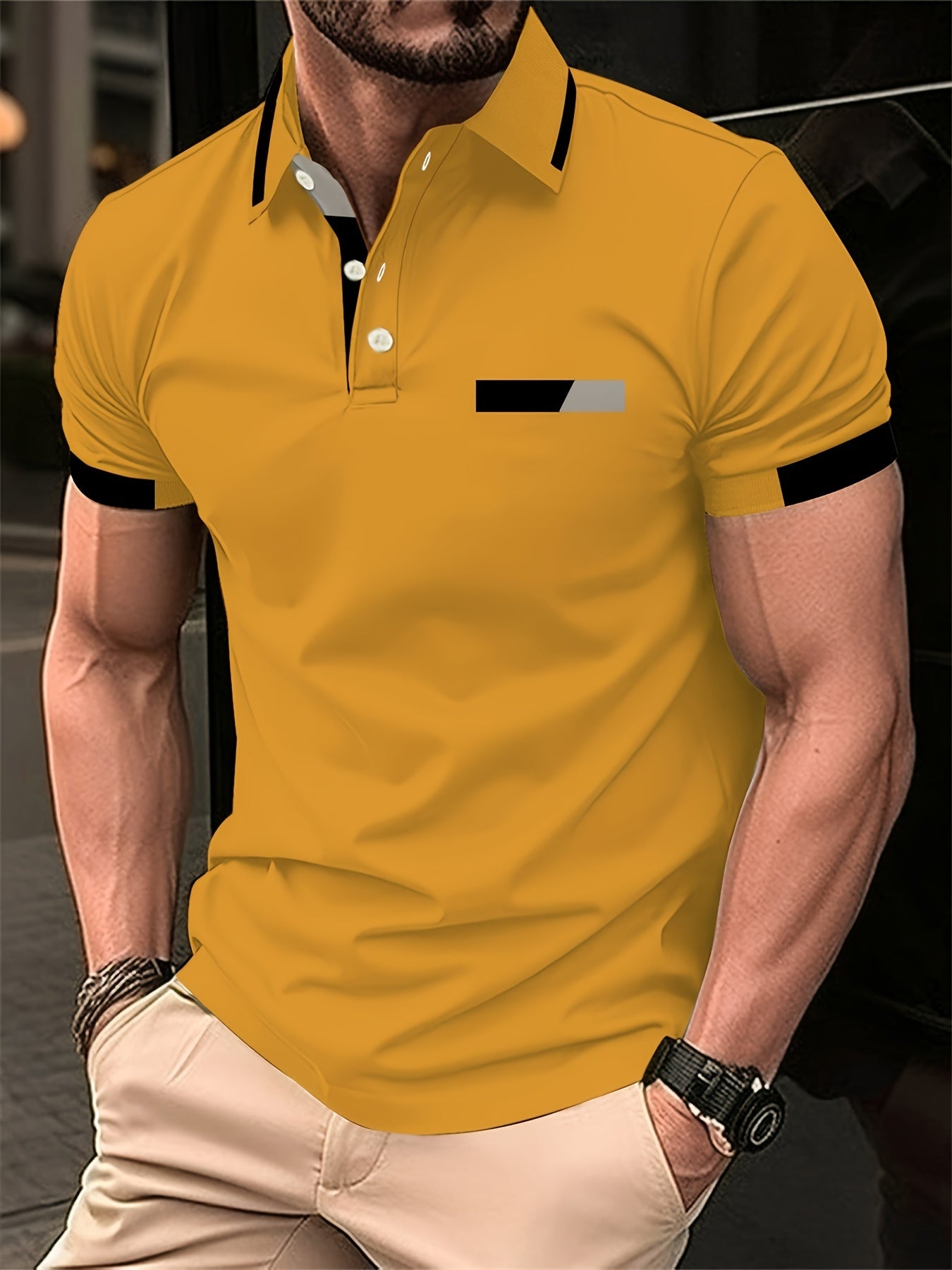 Men's casual polo shirt made of 100% polyester knit fabric with breathable air and slight stretch, featuring a summer regular fit with a button placket and digital print design.