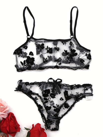 Sexy mesh flower lingerie set with transparent details - adult size, 2 pieces