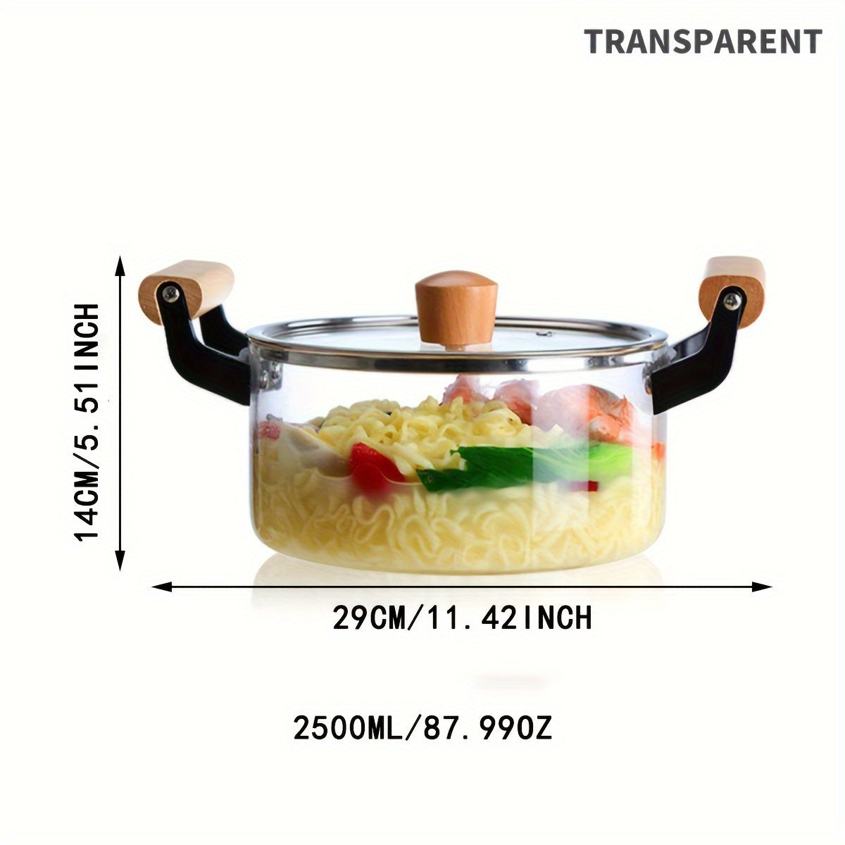 This soup pot with a lid and double wooden handle is perfect for cooking a variety of dishes. Made of safe glass, this household kitchen glass cooker is ideal for making pasta, noodles, soup, juice, and milk. Complete your kitchen supplies with this