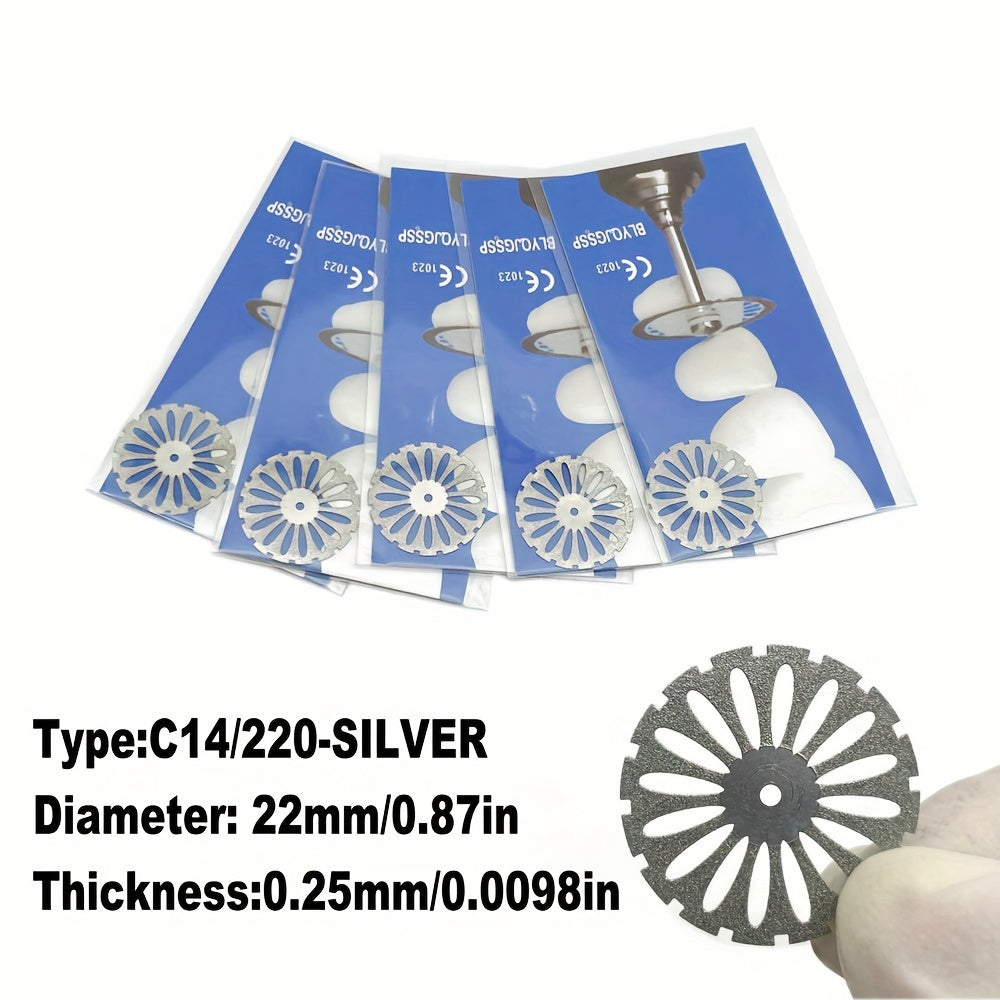 Five dual-sided diamond cutting discs for dental labs, in silver or golden, for high precision grinding and polishing.