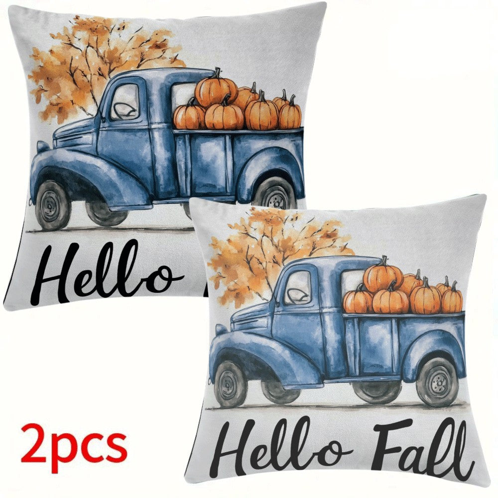 Set of 2 contemporary flannel pillow covers, measuring 45.72x45.72 cm each. These machine washable cushion cases feature a zippered closure and a charming fall pumpkin truck design. Perfect for all seasons, these pillowcases are ideal for back sleepers