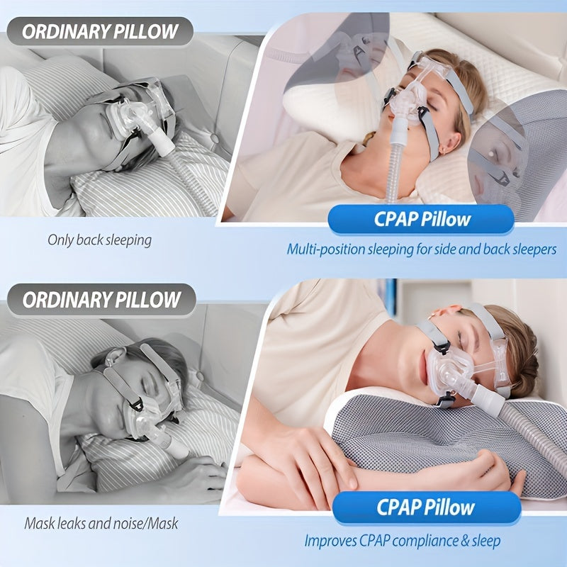 Get a 1-piece memory foam pillow designed specifically for side sleepers. This cervical pillow is perfect for relaxation and ideal for those using CPAP machines. Say goodbye to air leaks, hose tangles, and mask pressure with this Sleep Apnea Pillow. It