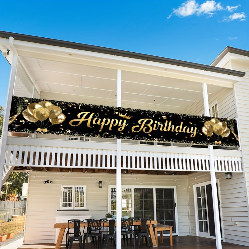 1 piece black and gold Happy Birthday banner for party decoration, supplies, background decor, and photo props. Ideal for indoor and outdoor use.