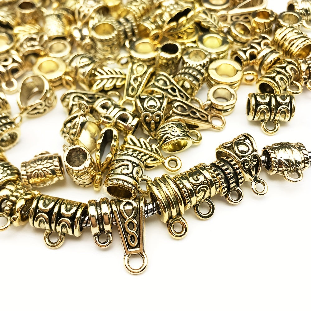 Get creative with these 120 pieces of Antique Golden Zinc Alloy Bail Tube Beads! Perfect for adding a touch of charm to your European bracelet pendants and other jewelry making projects. These versatile spacer beads are ideal for crafting accessories and