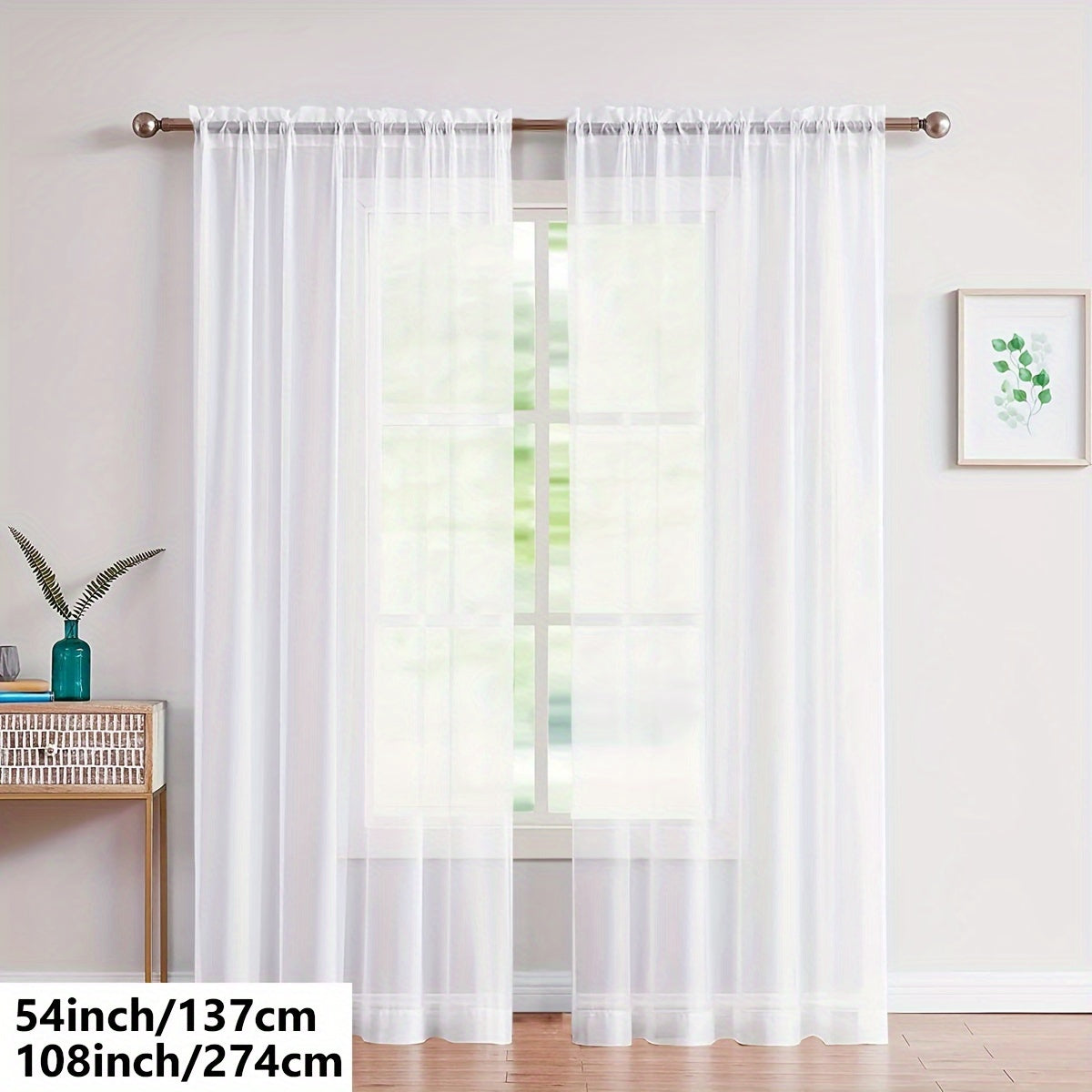 Two pieces of lightweight transparent white gauze curtains, designed for living room and bedroom decoration, with pole-wearing feature.