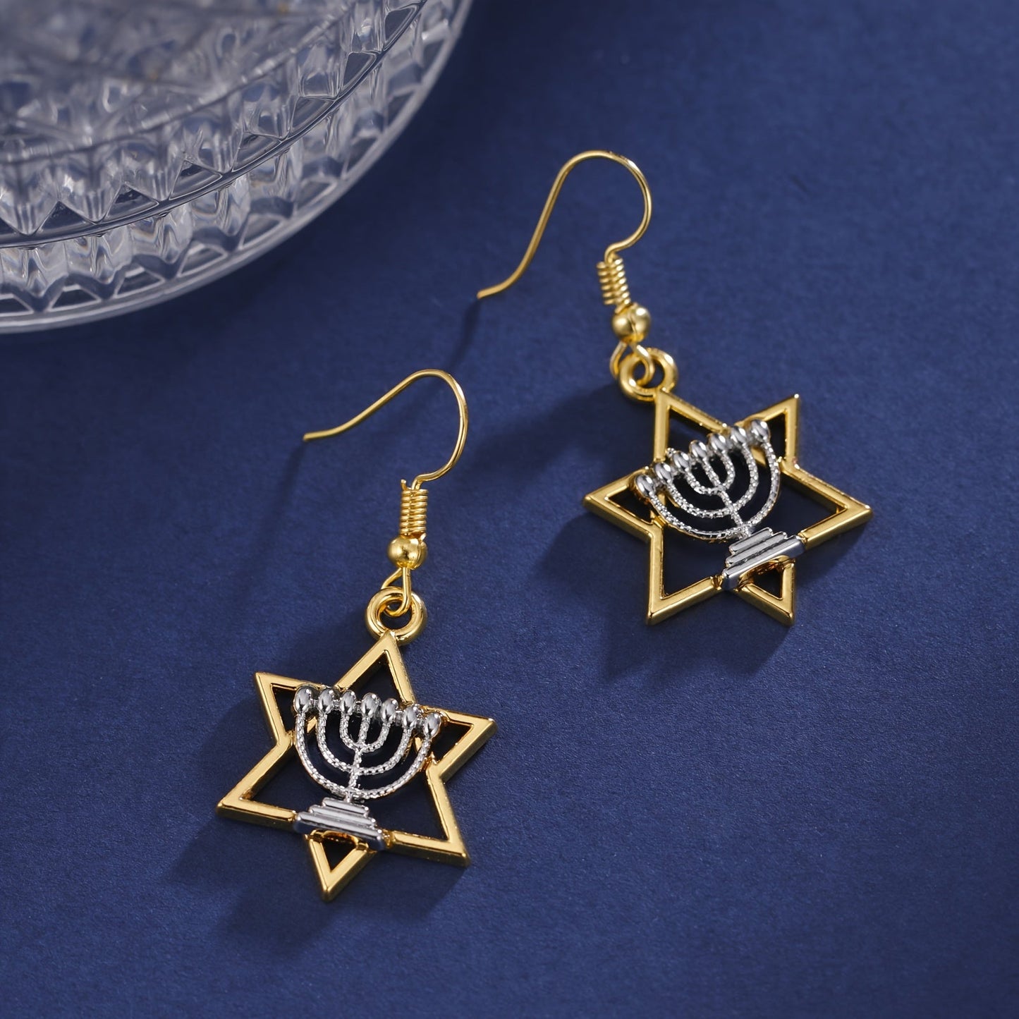 Pair of Elegant Drop Earrings featuring Vintage Style Jewish Star of David with Menorah Design, Made of 14K Gold Plated Zinc Alloy, Stainless Steel Hooks, Perfect for Daily and Party Wear