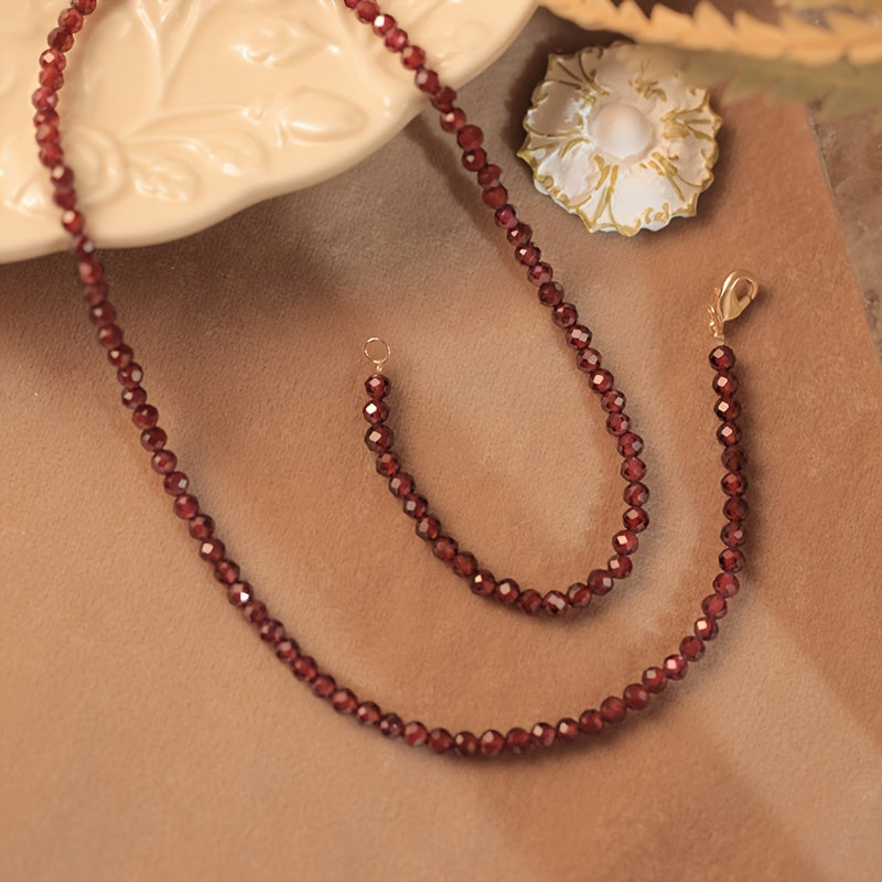 Handmade Garnet Jewelry Set with Simple Boho Style - Includes Faceted Crystal Beaded Necklace and Bracelet - Perfect for Daily Wear and Gifting - Natural Gemstone Birthstone - Hypoallergenic - Dual Layer Silk Thread for a Stunning Wine Red Look.