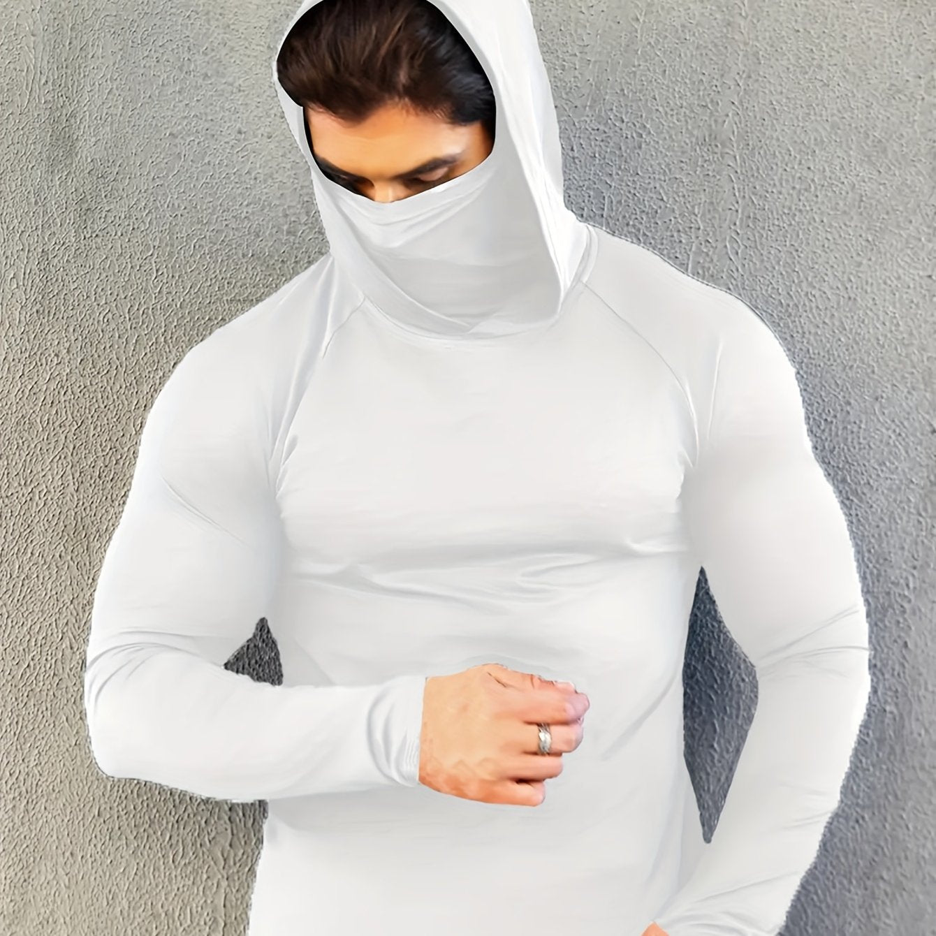 Men's hoodie with mask, quick-drying and breathable long-sleeve t-shirt, spring and autumn compression sports top enhances workout performance, a gift.