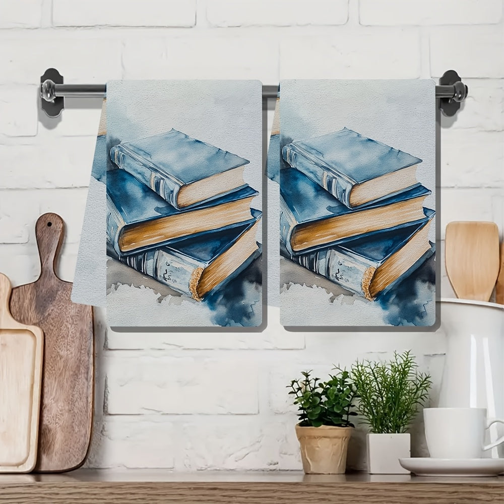 2 pieces of ultra soft kitchen towels featuring a contemporary hardcover book design. These towels are highly absorbent, machine washable, and perfect for drying dishes and hands. They have a coastal decor theme and measure 40.64x60.96 cm.