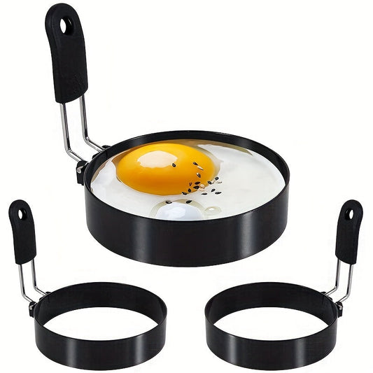 Two stainless steel egg cooking rings with a diameter of 10.16cm, perfect for frying eggs and making omelets. These egg rings can also be used as a pancake mold. A versatile kitchen gadget that is a must-have for any home kitchen.