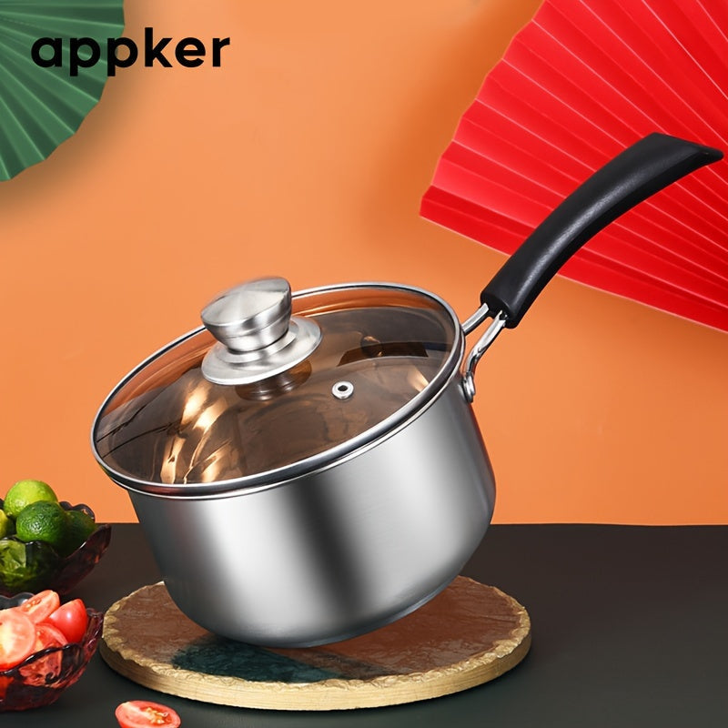 1 piece of Food Grade Stainless Steel Soup Pot with a Single Handle, ideal for heating milk and cooking meals for children. This Household Pot comes with a Glass Lid and can be used on any Induction Cooker. A versatile Kitchen Accessory perfect for small