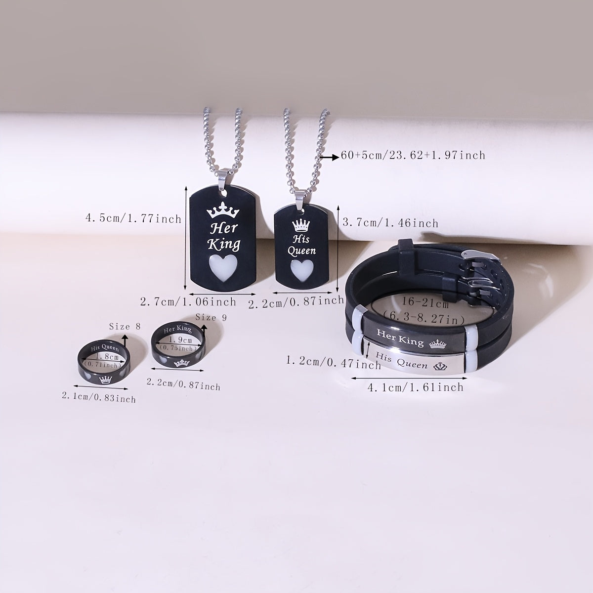 6-piece set of lumious love crown stainless steel jewelry for couples, including necklace, bracelet, and ring.