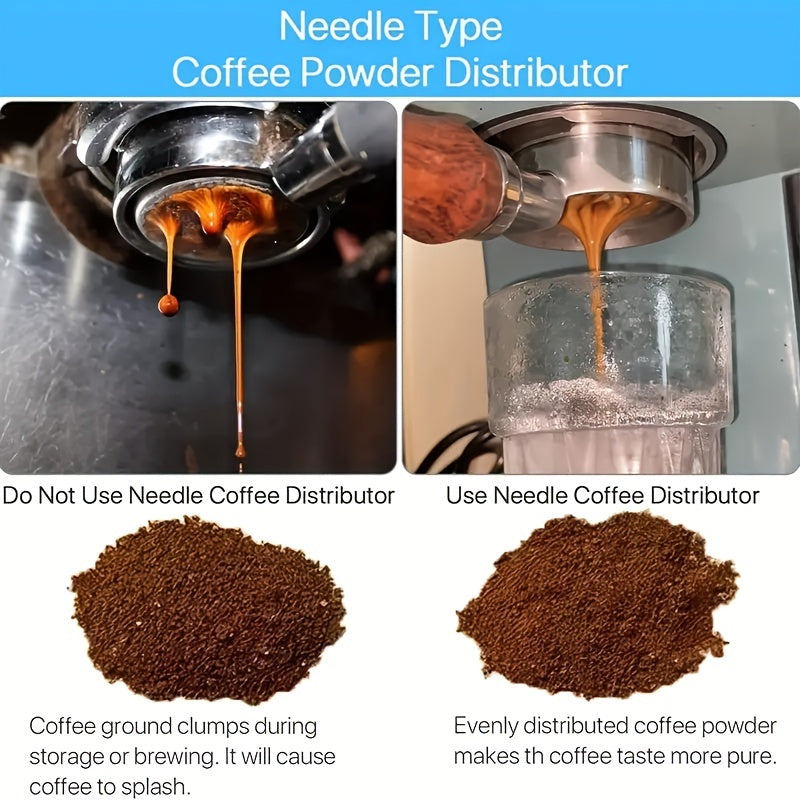 The Laoyeboubi Espresso Distribution Tool (WDT) is a stainless steel coffee stirrer needle distributor designed to create even grounds for optimal espresso extraction. This barista accessory allows for improved espresso extraction without the need for