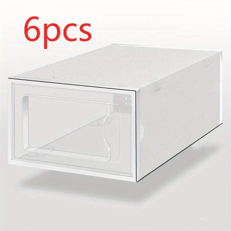 Transparent plastic shoe boxes, available in packs of 2, 3, 4, 5, 6, and 10, are ideal storage containers that can be stacked. These clear plastic containers are perfect for closets and athletic shoes, and come with a white frame for added style.