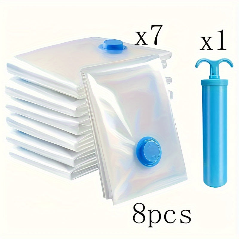 Set of 8 extra large vacuum storage bags, including 7 bags measuring 40'' x 152.4cm and 1 manual pump. These bags are designed to save space, provide airtight compression, and protect against dust and moisture. Ideal for storing clothes and bedding, they