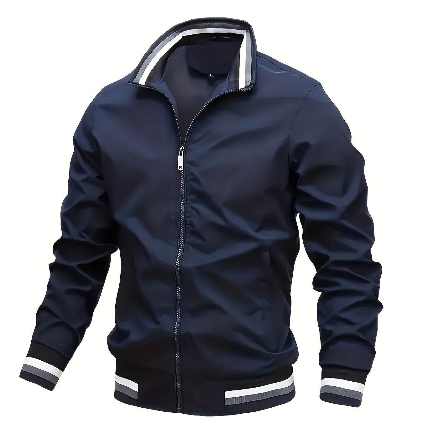 Men's trendy lightweight long sleeve jacket with zipper, stand collar, pockets, and stripe pattern. Ideal for outdoor activities in spring and autumn.