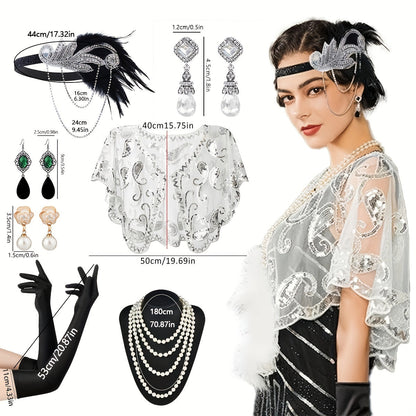 Women's Gatsby Costume Set - 1920s Flapper Accessory Kit Featuring Headband, Sequined Shawl, Beaded Earrings, Faux Pearl Necklace, Evening Satin Gloves. Perfect for Roaring 20's Parties, Weddings, and Retro Fashion Events.