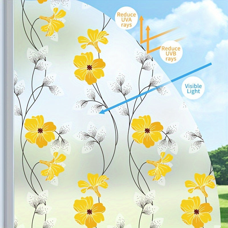 Yellow Floral Pattern Static Cling Window Film - Window Privacy Sticker for Home Decor