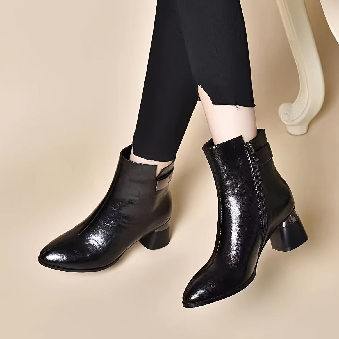 Stylish ankle boots for women with chunky heel, faux leather, pointed toe, side zipper, rubber sole