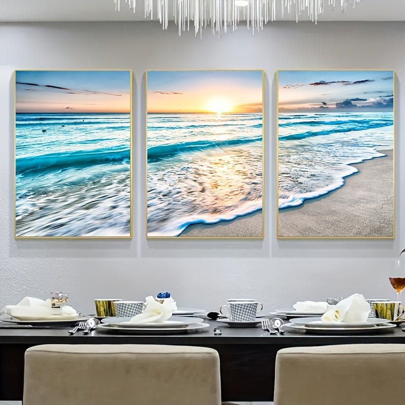 Modern Wave Beach Sunset canvas painting, 3 pieces, sizes 39.88cmx59.94cm, for home decoration in living room or bedroom, frameless.