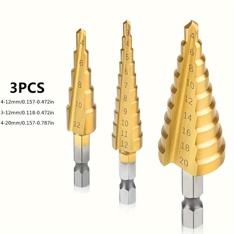 HSS Step Drill Bits with Titanium Coating, Ideal for Precision Drilling in Wood and Metal.