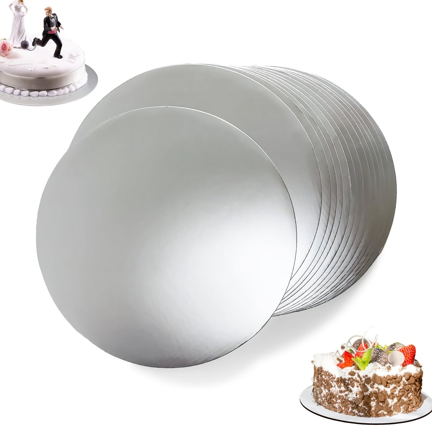 10 pieces of round silvery cake boards for disposable cake bases. These grease-proof cake plates are perfect for decorating cakes, desserts, pizzas, and exhibiting your culinary creations at New Year weddings, birthday parties, and other celebrations.