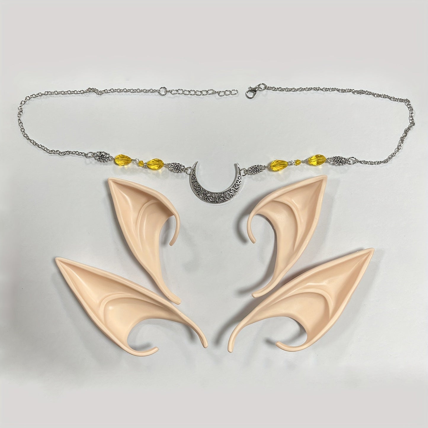 Set of Elf Ears with Headpiece, includes Short and Long Fairy Ears with Moon Head Chain. Perfect Fairy Hair Accessories for Halloween, Masquerade, Renaissance, Eid, and Ramadan Cosplay Props