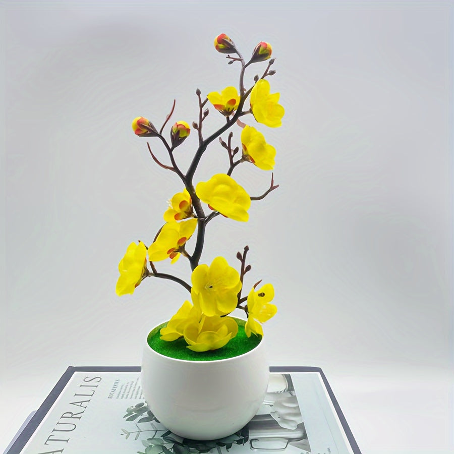 Artificial plum blossom bonsai for home or office decor, lifelike potted fake flower plant.