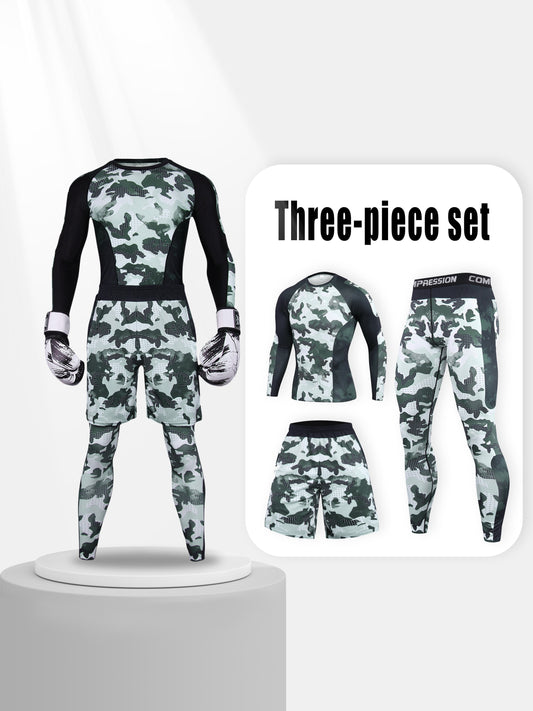 3-piece men's athletic body shaper set in breathable polyester and spandex, featuring long sleeve, round neck, and knitted casual style with random print design.