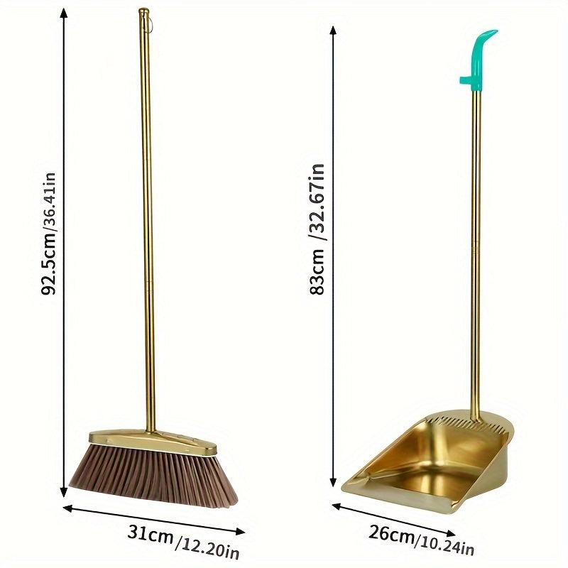 Elegant Gold Stainless Steel Broom and Dustpan Set - High Quality 2 Piece Set, Sturdy & Reinforced for Effective Home Cleaning - Ideal for Any Room in the House, Including Living Room, Bedroom, Bathroom, Kitchen, and Hardwood Floors.