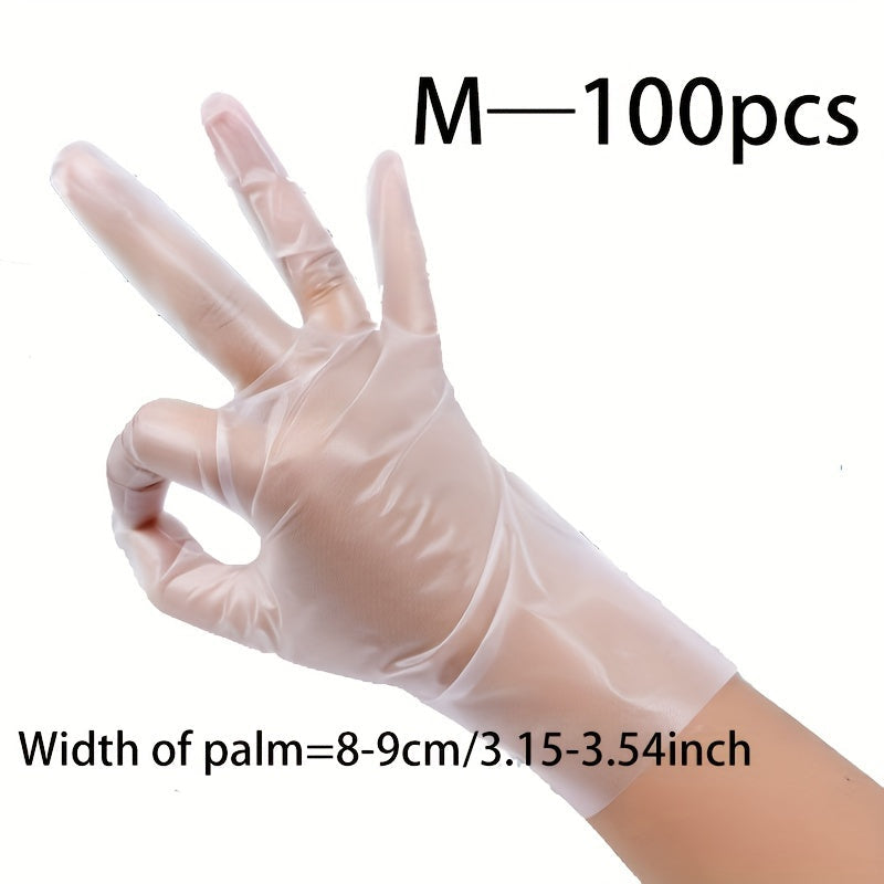 100 pieces of TPE disposable gloves, ideal for food safety, household cleaning, and various tasks like kitchen baking, beauty, hair care, and pet care. These transparent gloves are powder and latex-free, making them suitable for use in restaurants