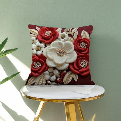 Soft & Cozy 3D Floral Print Red and White Plush Throw Pillow Cover, 44.96cm x 44.96cm with Zip Closure - Ideal for Home, Office, and Car Décor.