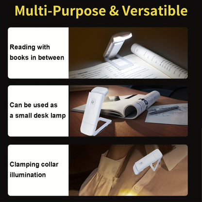 A rechargeable LED clip-on book light with adjustable brightness, eye-protection, and portable USB-powered design for reading in the bedroom or at the desk.