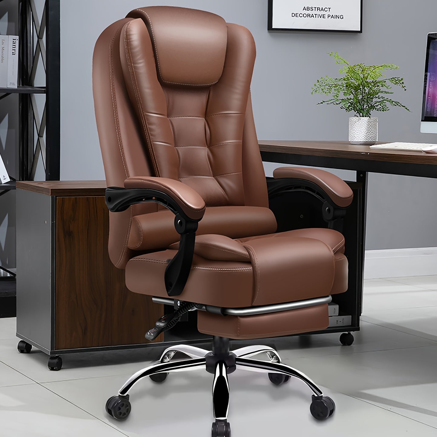 Adjustable executive office chair with ergonomic design for extended sitting comfort. Features include cushioned armrests, metal frame, wooden base, 155° recline, and high strength nylon