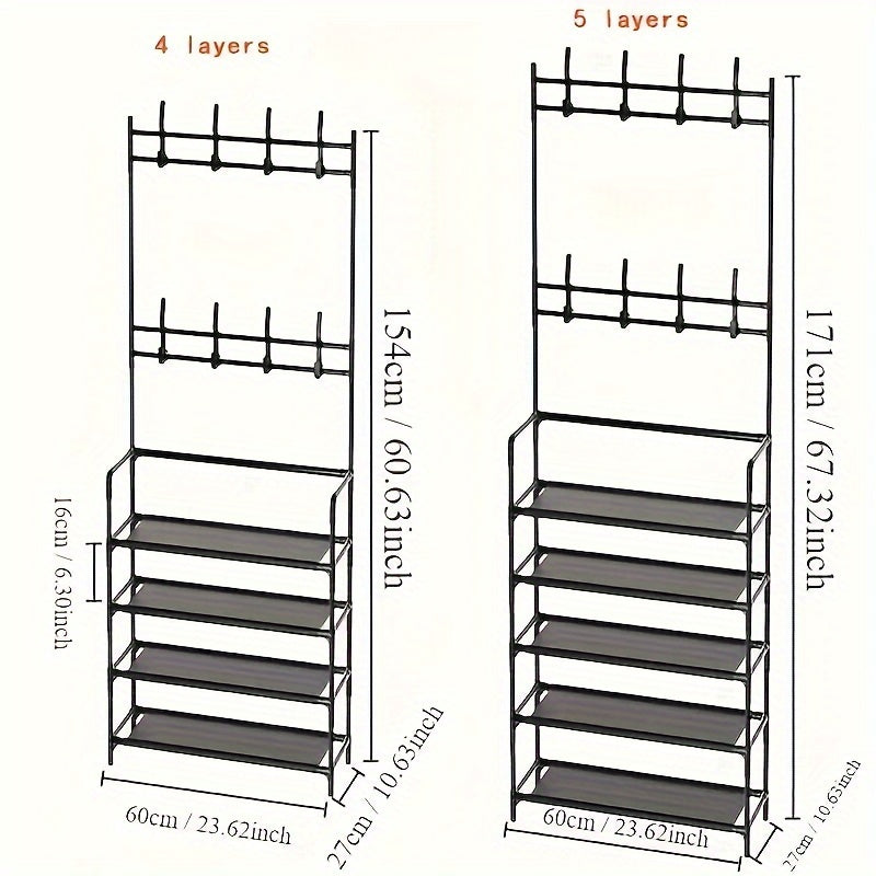 Durable hanger and shoe storage with 8 hooks and shelves, ideal for organizing coats and shoes in home entrances, foyers, bedrooms, and bathrooms. No assembly required.